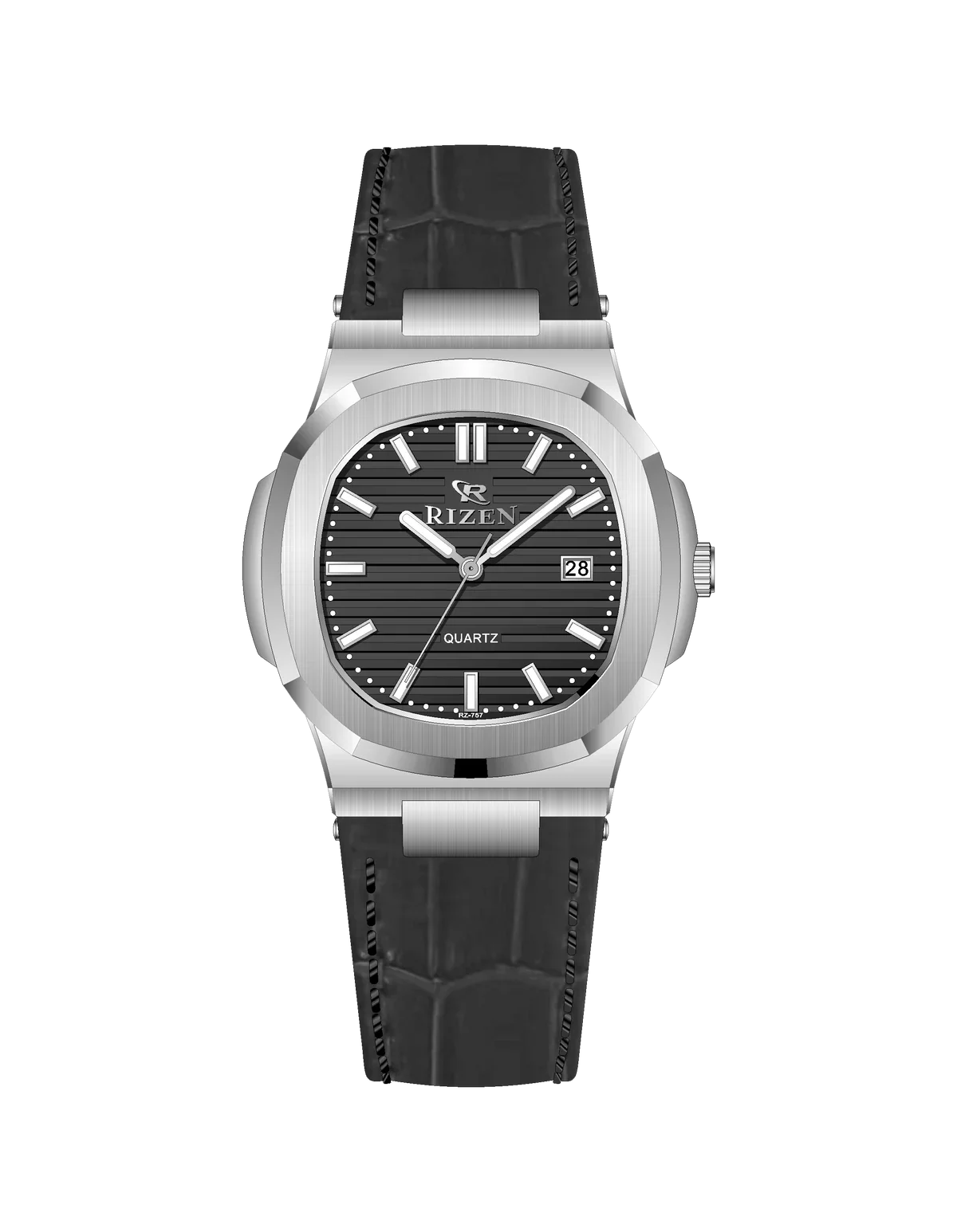 Rizen Aris Classic Silver RZ-0757 Leather Strap Quartz